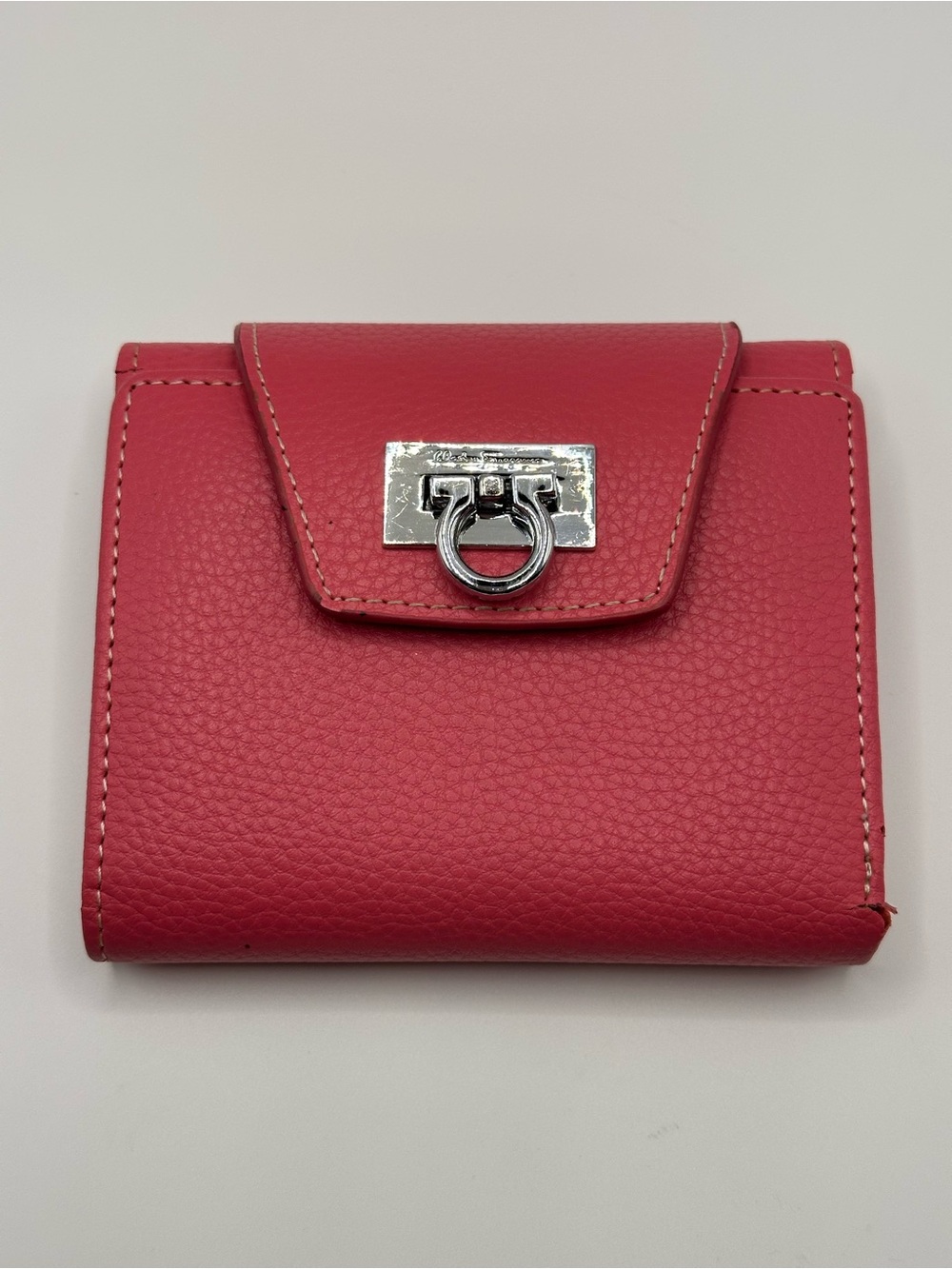 Salvatore Ferragamo Coral Pink Pebbled Leather Wallet with Silver Ring Hardware